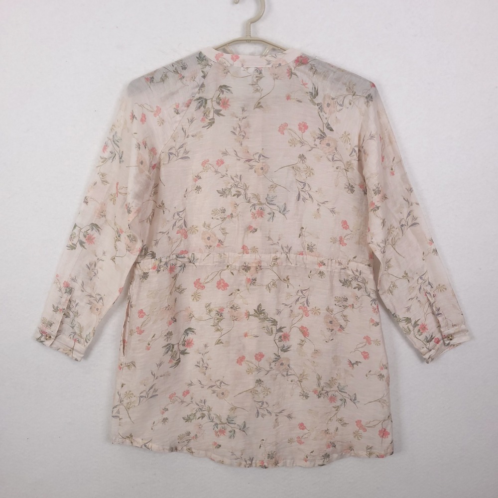 J Jill Top Tunic Sz S Floral Linen Blend Drawstring Waist Coastal Vocation Sheer - Picture 2 of 14